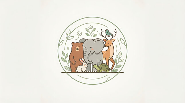 Doodle style illustration of cute forest animals standing together in a circle
