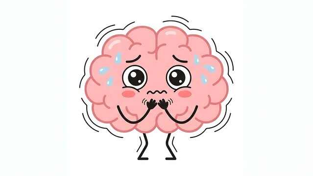 Cute cartoon brain sweating and trembling with fear in panic