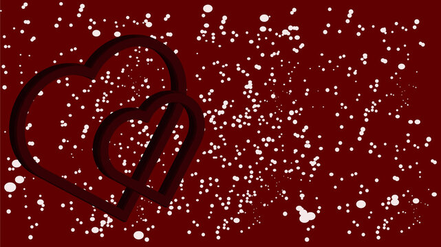 Two connected dark heart shapes on a festive red background with dots