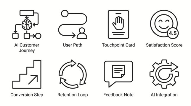 Artificial intelligence customer journey and user path with touchpoint card vector icons.