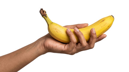 Hand holding a single ripe yellow banana with its curved shape resting across open fingers featured as a PNG isolated on transparent background © Abdulmalek