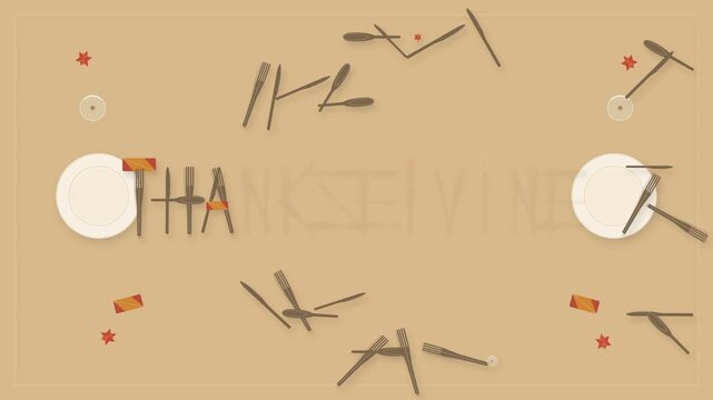 Premium flat vector animation where Thanksgiving typography is assembled from plates, forks, knives, spoons, napkins and maple leaves in a top-down festive table setting, designed for Canadian Thanksg