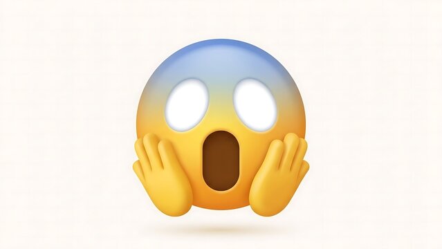 3d rendering of a terrified yellow emoji character with wide eyes and hands on cheeks