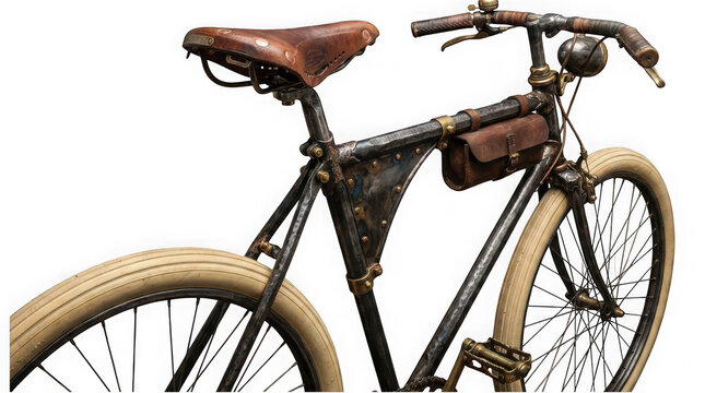 Bicycle features a vintage leather saddle and a classic frame construction suitable for historical transport displays.