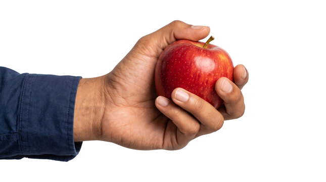 Side view of a hand squeezing a shiny red apple firmly with a bent stem sticking upward featured as a PNG isolated on transparent background