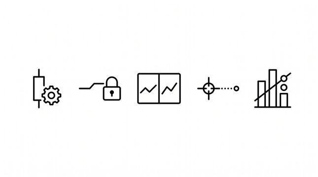 Set of line vector icons representing financial business analysis, data management, and secure trading operations on a clean white background