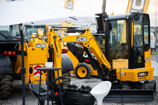 09.11.2026 - Lviv, Ukraine: JCB construction machinery displayed at a construction equipment exhibition, showcasing heavy machinery, excavators and industrial equipment for visitors and industry profe