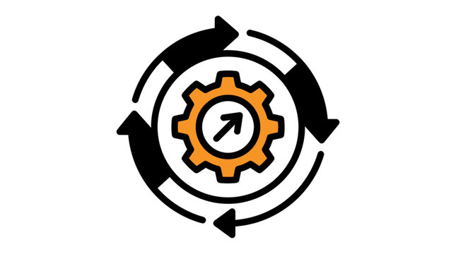 Gear icon with rotating circular arrows represents continuous improvement, process automation, and business progress.