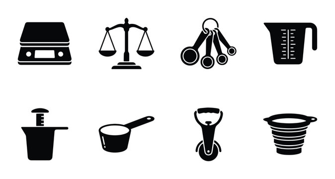 Kitchen Measuring Tools Vector Icons: Scales, Spoons, Cups, and Gadgets for Cooking and Baking