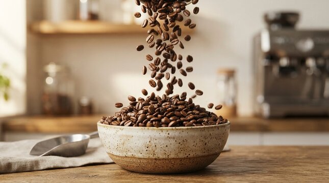 Freshly roasted coffee beans falling into a ceramic bowl on a wooden table in a cozy kitchen