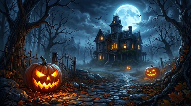 A spooky haunted mansion stands at the end of a dark path under a full moon with cobblestone path surrounded glowing jack lanterns