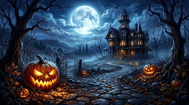 A spooky haunted mansion stands at the end of a cobblestone path during halloween night with glowing carved pumpkins pumpkins under full