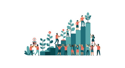 Fototapeta premium Team building business growth chart with plants for sustainable financial success