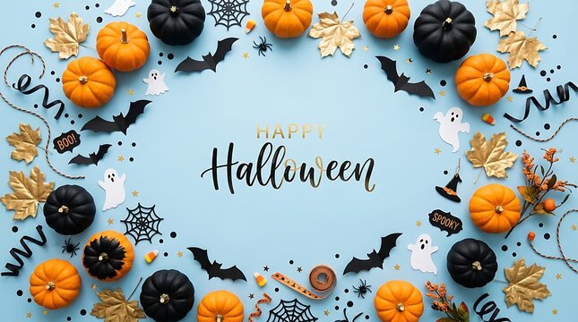 Halloween decoration frame with black and orange pumpkins and paper cutouts on blue background with blue surface surrounding ghosts leaves arranged