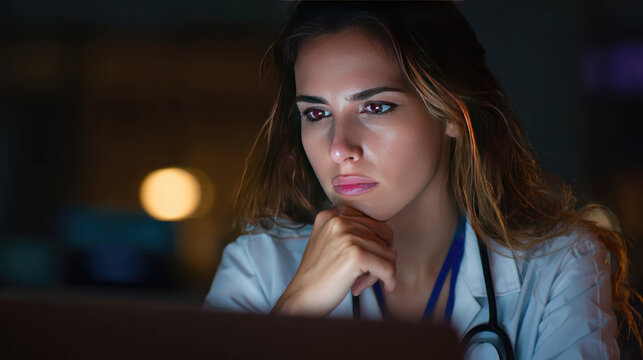 Woman in lab coat staring intently at a screen, resting her chin on her hand