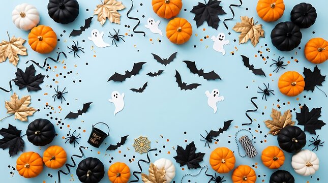 Halloween decorations with pumpkins ghosts bats and spiders arranged on a light blue background surface area with background confetti decorative