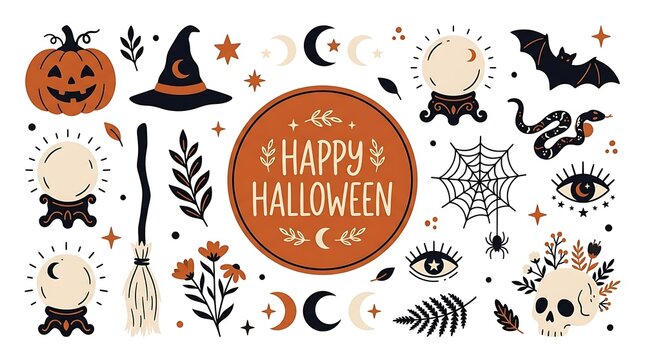 Halloween decorative elements collection with pumpkin hat broom crystal ball bat spider web and skull symbols on white background with eye skull arranged