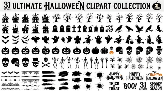 Set of various black halloween themed silhouettes including pumpkins ghosts skeletons and spooky trees on a white background with trees text elements