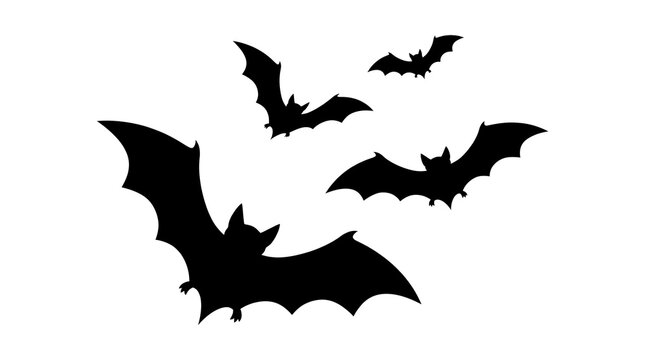 Three black bat silhouettes flying in different directions isolated on a plain white background with background graphic design silhouettes bats flight