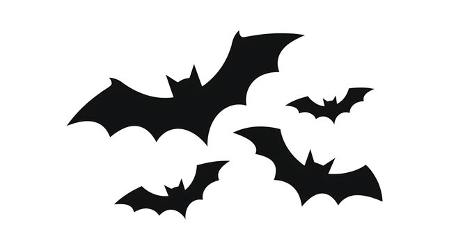 Three black bat silhouettes flying in a group isolated on a plain white background with simple graphic composition flying against solid