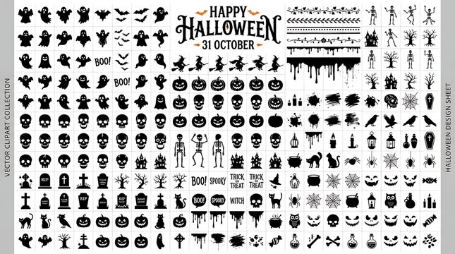 Set of black halloween holiday theme icons and decorative elements on a white background with collection various black graphic silhouettes