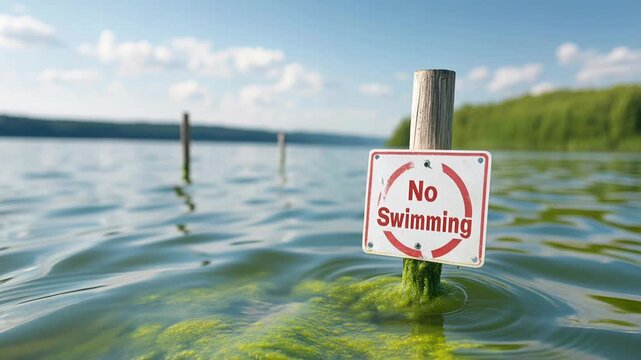Warning sign prohibiting swimming in a lake with green water due to an algal bloom