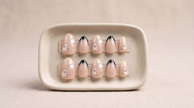 Cute Halloween press-on nails displayed as a clean product set, suitable for ecommerce advertising, beauty marketing, salon promotions, and seasonal product campaigns.