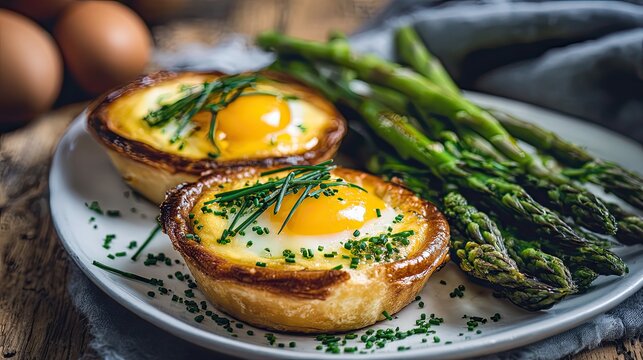 baked egg tarts with runny yolks and fresh asparagus spears served on a ceramic plate