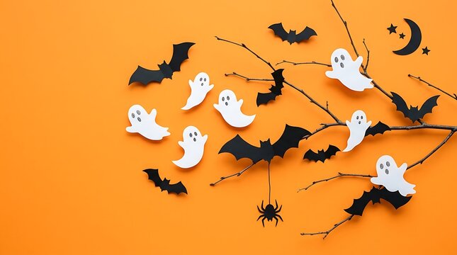 Paper cutouts of ghosts bats and a spider arranged with tree branches on orange background with background seasonal holiday celebration