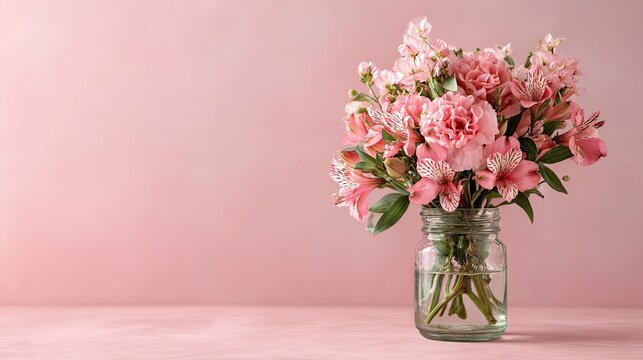 beautiful pink flower bouquet in a glass mason jar on a soft pastel background