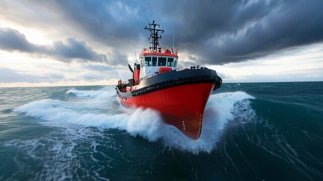 Industrial tugboat powerfully sailing through rough sea under a dramatic stormy sky
