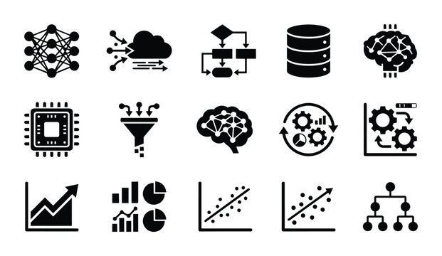 Data Science Icons, Machine Learning Symbols, AI Algorithms, Big Data Analytics, Neural Network Graphics