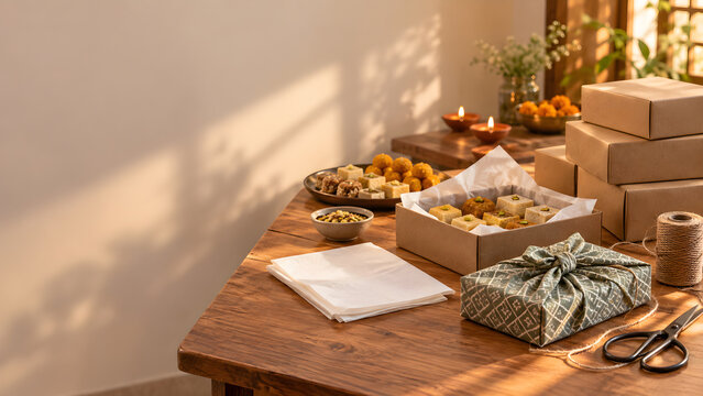 Diwali sweets and gift boxes on a packing table