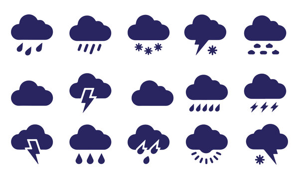 Set of 15 weather condition icons with clouds and precipitation symbols Vector