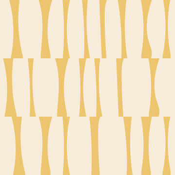 Seamless mid-century modern geometric pattern featuring curved abstract pillars in yellow. Minimalist retro vector background for textile, wallpaper, home decor, and vintage branding design.