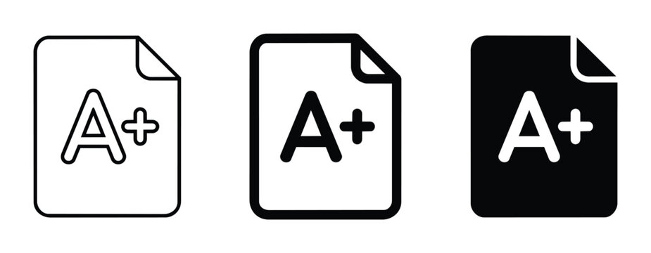 A+ Grade Document Icons, Perfect Score Paper Symbol, Academic Achievement Vector Set