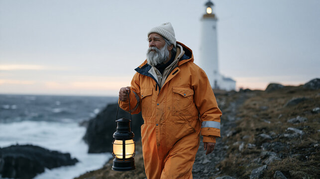 Elderly lighthouse keeper in a worn orange waterproof coverall suit walking along a storm-battered coastal path, lantern in hand, waves crashing against rocks below the tall white