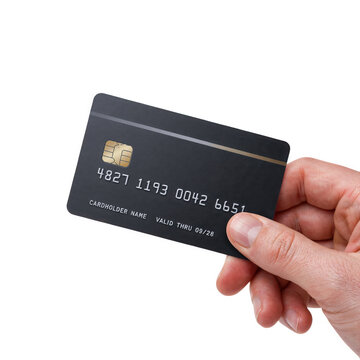 Hand holding dark credit card with numbers and chip for payment transactions and financial purchases.