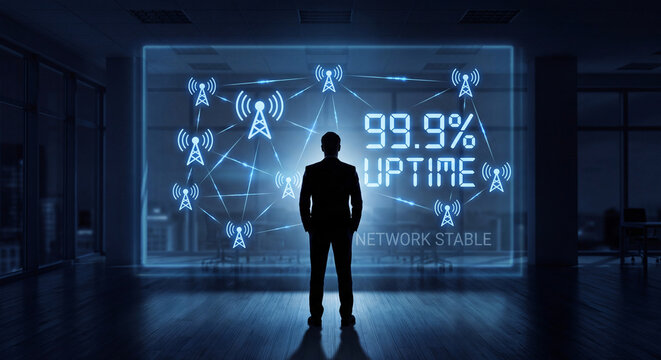 silhouette views glowing communications network hologram with signal tower icons and uptime percentage, confirm connectivity stability, track telecommunications infrastructure monitoring
