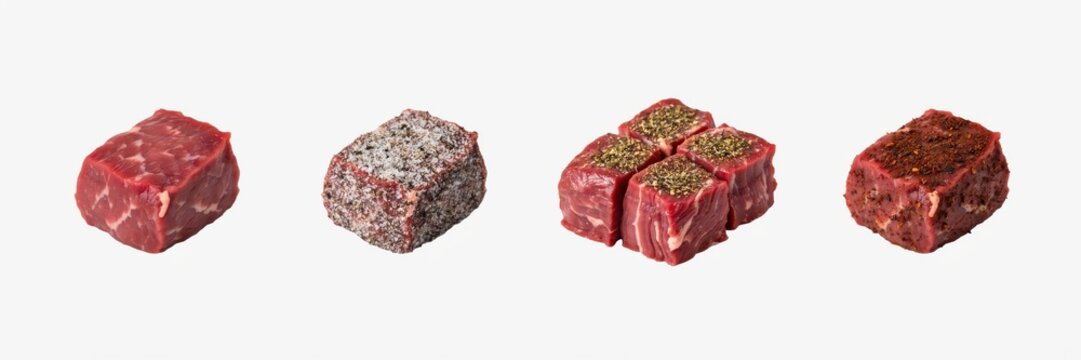 Raw beef cubes with various spices isolated on white background. Ideal meat preparation concept for butcher shop and cooking blogs.