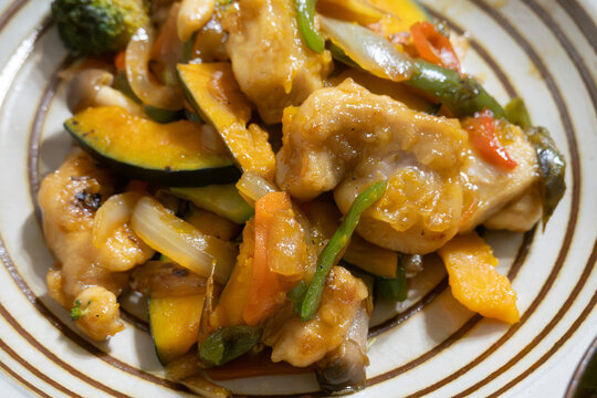 Stir Fried Chicken and Colorful Summer Vegetables with Sweet and Sour Sauce