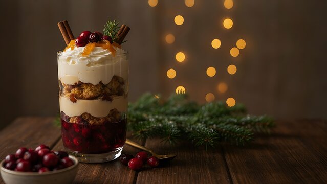 Decadent winter berry trifle garnished with evergreen spruce sprigs beside fresh cranberries on dark wood, created with generative AI.