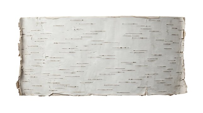 Rectangular piece of natural white birch bark with dark horizontal markings isolated on a plain background for texture and design use