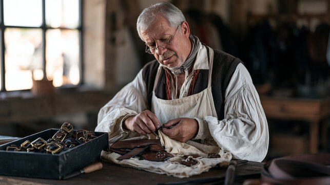 saddler wrapping leather saddle components carefully in protective cloth beside a box of spare buckles and awls, rain soaked cobblestones visible outside a stable workshop window,