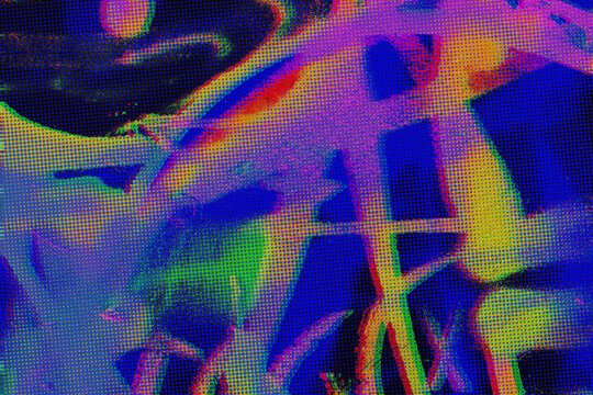 Abstract blue and violet glitch halftone background with a complex web of datamosh dot patterns and a dark circular element. Drops into a techno and abstract composition for a brutalist rave poster.