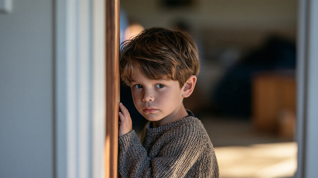Young boy watching his parents argue through a cracked door left ajar, his small hand barely visible on the door edge, half his face illuminated, capturing the frozen watchfulness