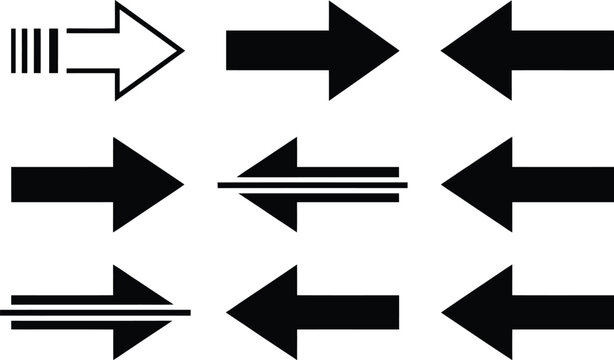 Arrow Icon Set featuring Black and White Directional Pointers, Left, Right, and Line Cursor Symbols