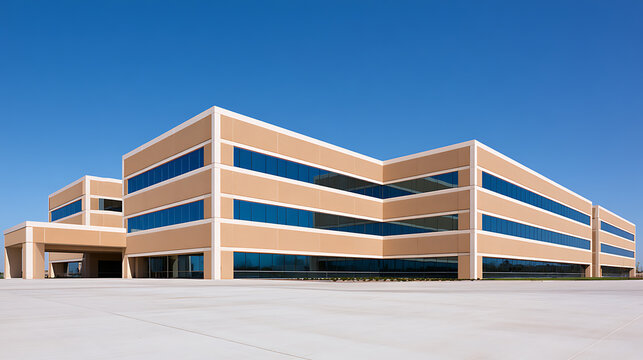 Modern low-rise office building with glass windows and beige exterior panels under a clear blue sky on a bright sunny day in daylight view