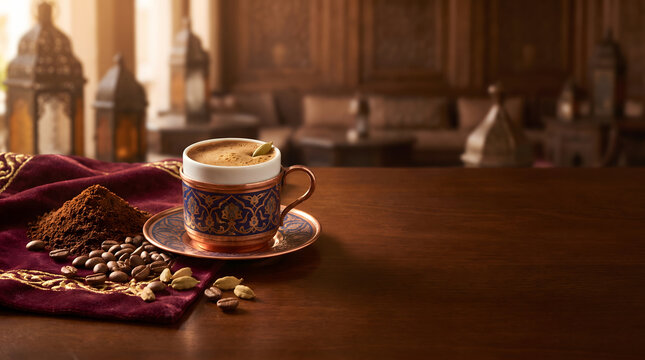 Traditional Turkish Coffee in Ornamental Ceramic Demitasse Cup with Finely Ground Coffee Roasted Beans Green Cardamom Pods and Brass Lantern Background