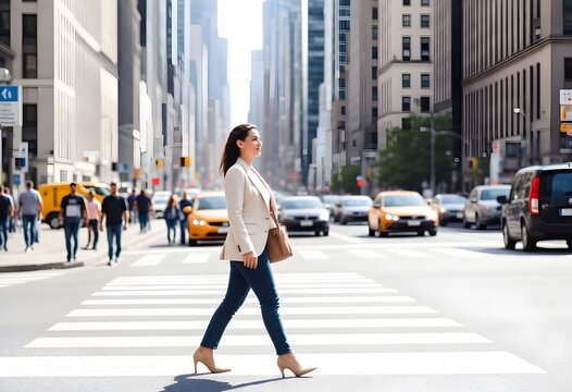 A stylishly dressed pedestrian crossing a busy city street, bright midday light